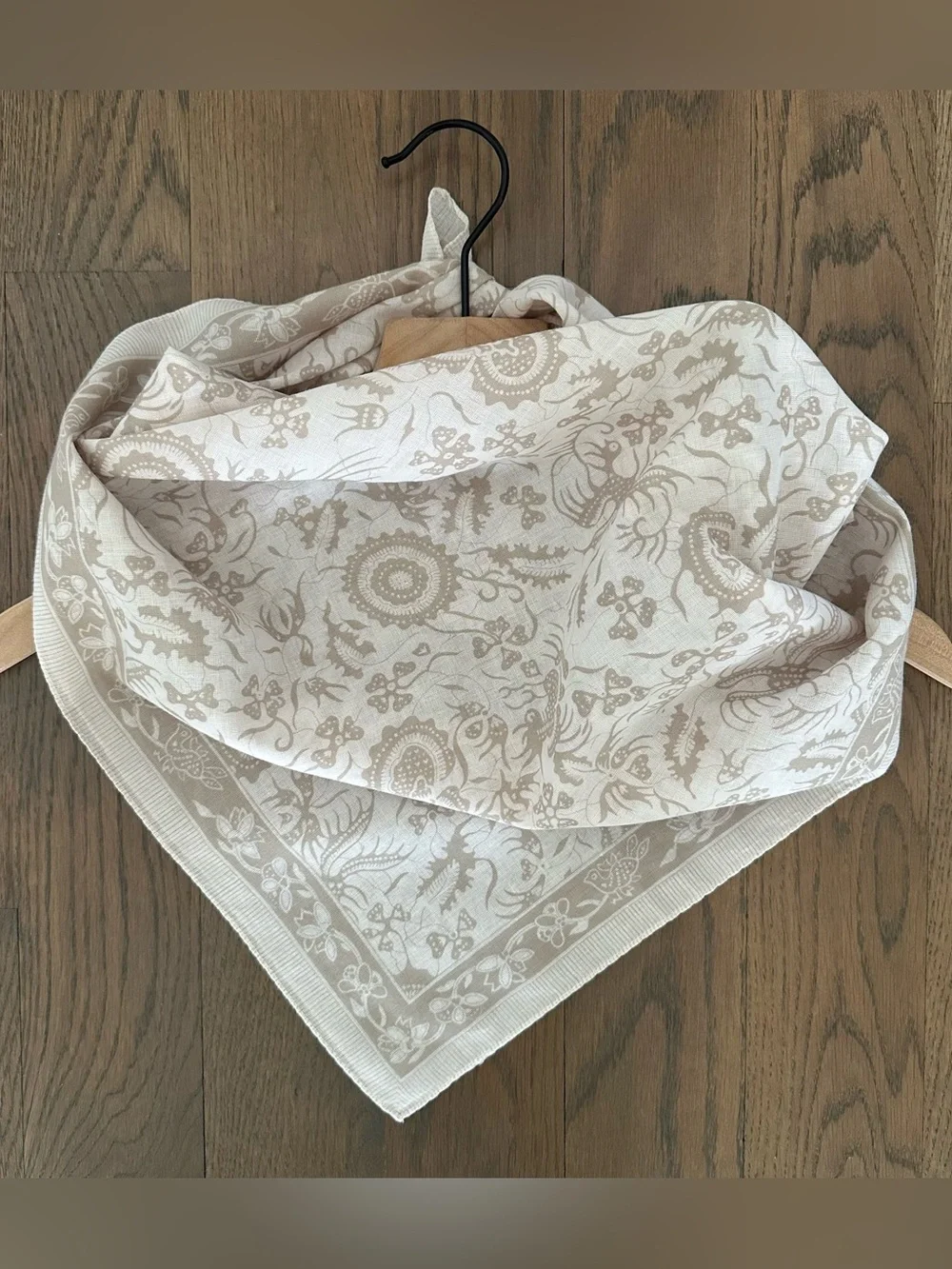 Vintage Cotton Voile Floral and Paisley Print Scarf in White and Tan 26.5" sq - Picture 2 of 8